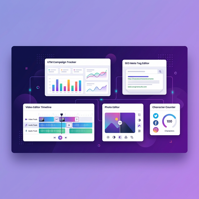 Sharp360Soft marketing and SEO tools dashboard overview showing UTM builder, SEO meta tag editor, video editor timeline, photo editor and character counter