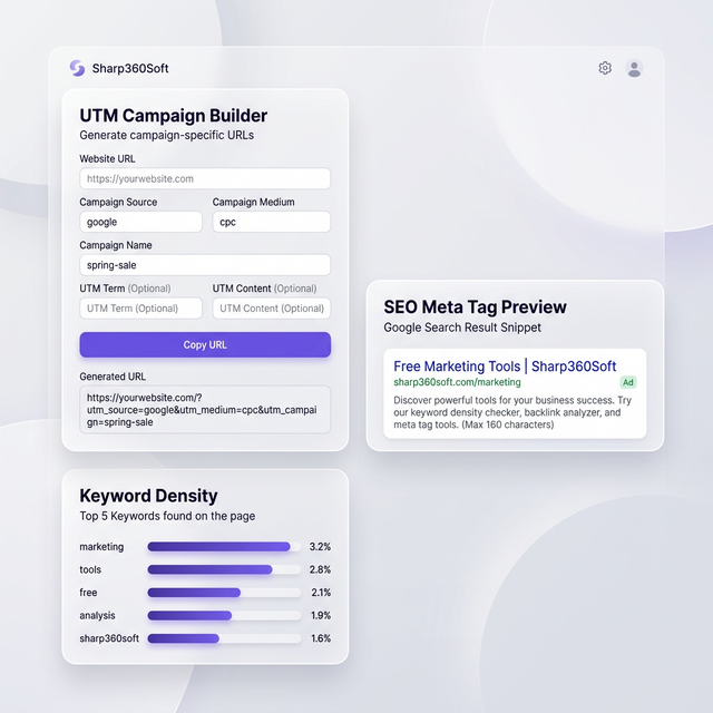 UTM Campaign Builder, SEO Meta Tag Generator and Keyword Density Analyzer tools preview